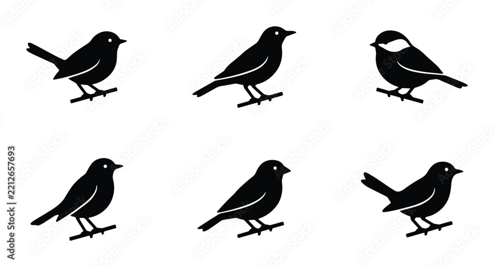 Fototapeta premium Bird silhouettes set with various species on branches for nature design