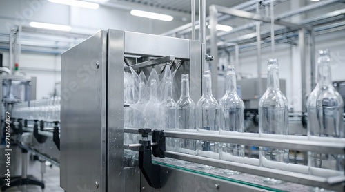 Empty glass bottles on industrial stainless steel conveyor belt