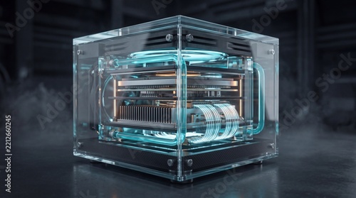 Plakat Futuristic Quantum Computer Cube, Glowing High Tech Microchip Processor, Transparent Server Hardware Concept