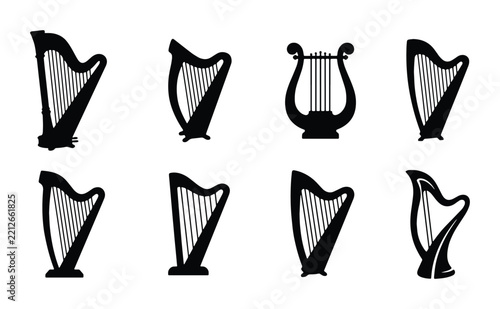 Harp silhouettes set with lyre and various string instruments for music design
