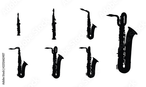Musical instrument silhouettes set with clarinets and saxophones for jazz and blues music