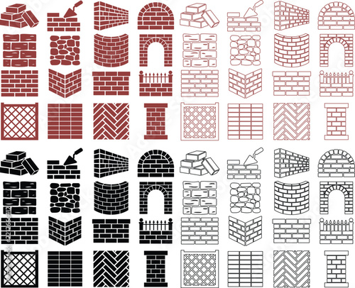 Brick wall construction mason trowel stonework pattern icon set vector illustration with black solid and thin outline icons collection group, fully editable and isolated on a transparent background