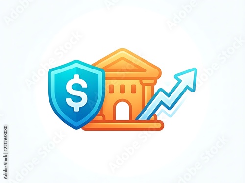 Secure bank building illustration with a protective shield dollar sign and upward growth arrow symbol for financial success and investment stability