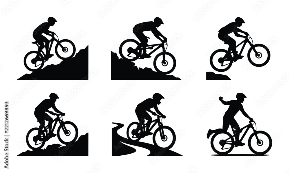 Naklejka premium Mountain biker silhouettes set with downhill riding, jumping and action poses for sports logo and print