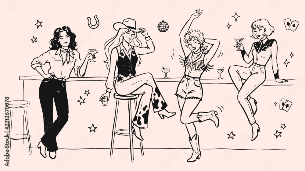 Fototapeta premium Western cowgirl bar party scene with cocktails, dancing and disco ball