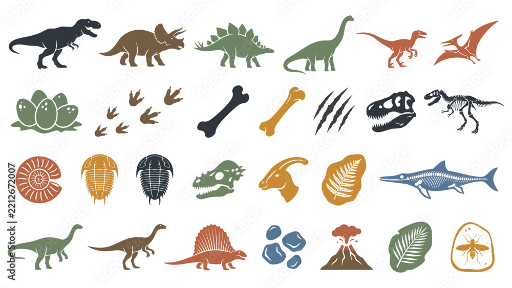 Fototapeta premium Dinosaur silhouette collection with prehistoric fossil icons set.