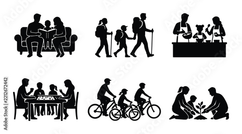 Family activity silhouettes set with reading, hiking, cooking, board games, cycling and planting for lifestyle themes