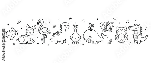 Collection of cute animals and nature creatures in doodle outlines.