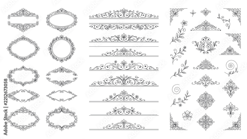 Fototapeta premium Elegant ornamental frames and dividers set for vintage decoration.