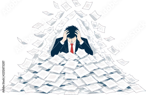 stressed office worker vector line concept illustration of a overwhelmed professional buried in papers