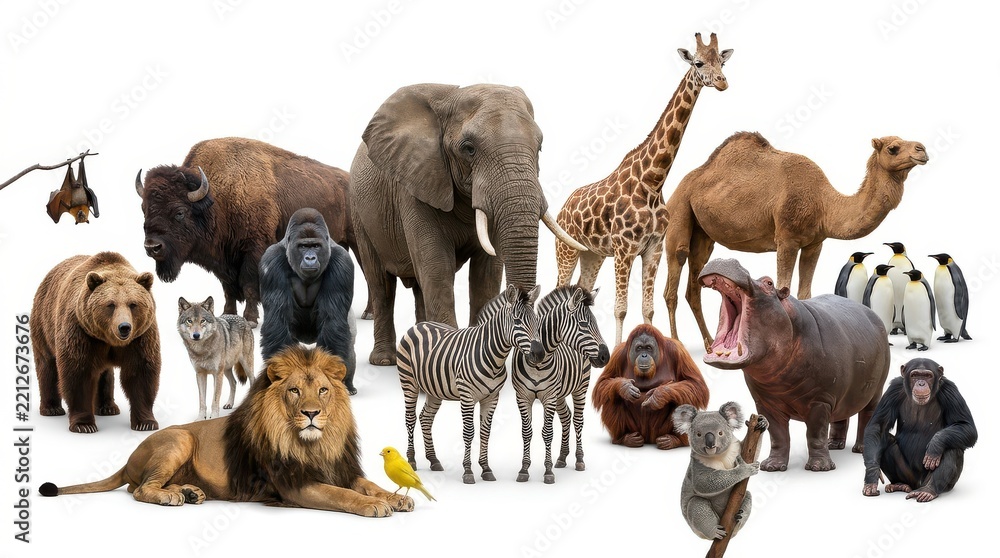 Obraz premium Large Collection of Diverse Wild Animals Isolated on White Background for Wildlife and Nature Concepts