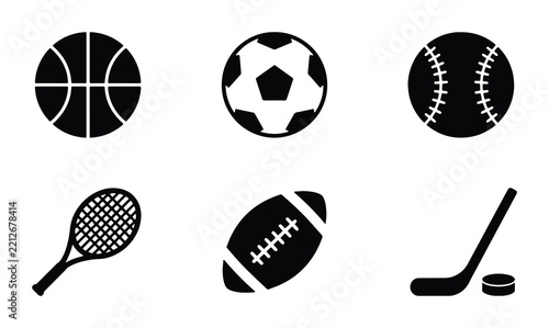 Sports balls and equipment set with basketball, soccer, baseball, tennis, rugby and hockey