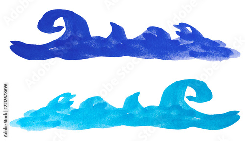 Stylized sea waves painted in blue and light blue watercolor on an isolated background.