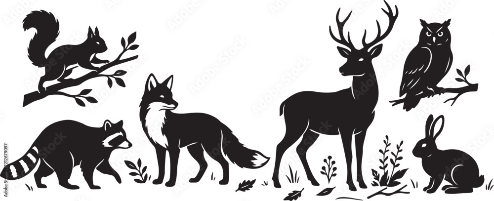Fototapeta premium Forest animals silhouette collection
