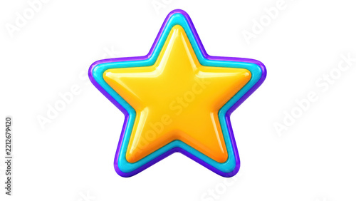 3D glossy yellow star icon with blue and purple border isolated on transparent background