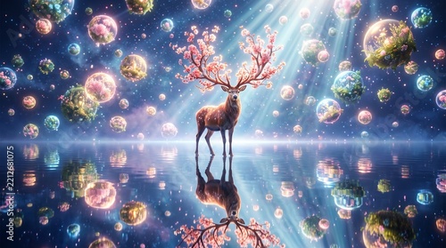 Majestic stag with cherry blossom antlers standing on a reflective mirror surface surrounded by glowing crystal spheres, conveying surreal fantasy artwork, spiritual nature, and dream concept.