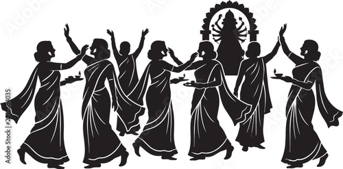 Black silhouette of indian women dancing in traditional sarees during durga puja festival celebration event isolated on transparent background, Vector