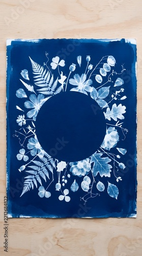 Cyanotype Botanical Wreath and Circular Leaf Arrangement Art Print