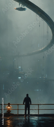 Vertical photo of a silhouetted person watching a spaceship fly over a futuristic city. Observer on a platform looking at a massive industrial complex in the fog. Dark sci-fi dystopian concept