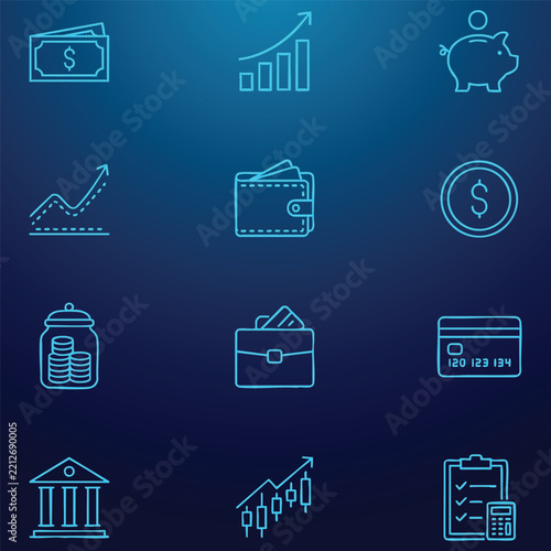 A clean collection of 12 vector icons depicting financial themes like savings, investments, transactions, and economic growth in a modern, stylized design.