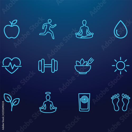 A collection of twelve minimalist, stylish icons representing healthy habits, including nutrition, exercise, meditation, and wellness on a dark gradient background. Perfect for infographics, apps, a