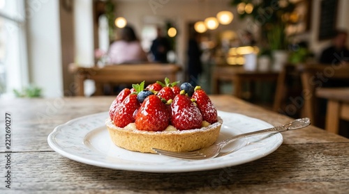 Fresh strawberry tart with blueberries and pistachios on a cafe table