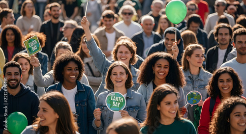 Diverse Group of Smiling People Celebrating Earth Day with Signs and Balloons Outdoors