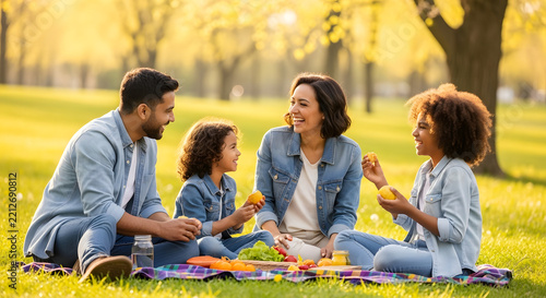 Happy multiethnic family enjoying a picnic in a sunny park at sunset