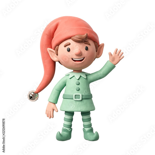 • 3d stylized cartoon christmas elf character waving hand isolated holiday entertainment concept
