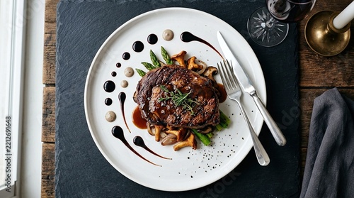 Gourmet steak with chanterelle mushrooms and asparagus on a white plate