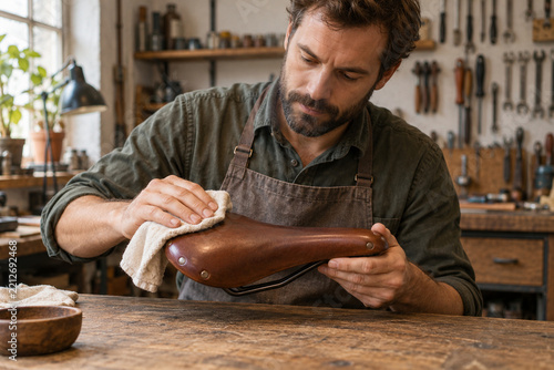 Bicycle mechanic cleaning a saddle in a workshop