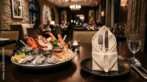 Luxury seafood platter with lobster and oysters in a fine dining restaurant