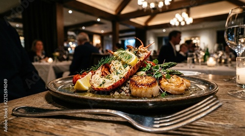 Gourmet lobster and scallop seafood platter served in a dimly lit restaurant