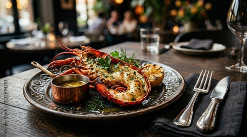 Gourmet grilled lobster tail with lemon and butter sauce