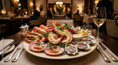Gourmet seafood platter with lobster, oysters, shrimp, and scallops in upscale restaurant