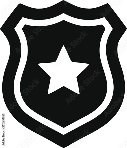 A simple black and white police shield icon featuring a centered five pointed star design on white background