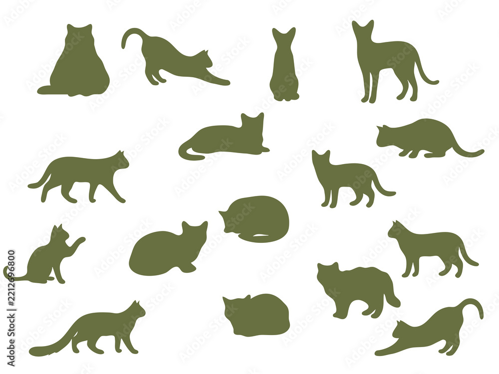 Fototapeta premium Cat Silhouette Vector Collection, Domestic Cat and Kitten Poses Isolated on White Background