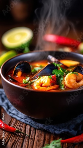 A steaming bowl of seafood soup garnished with herbs, lime, and red chili peppers