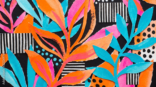 Vibrant abstract contemporary mixed media collage art background featuring colorful painted neon tropical paper leaves layered over black and white geometric striped and dotted patterns.