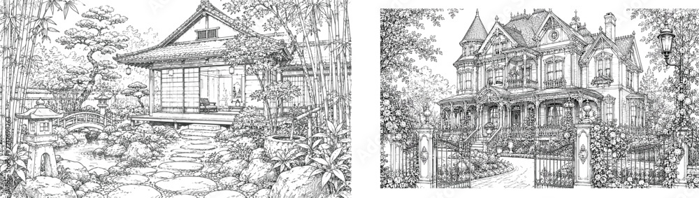 Fototapeta premium Detailed architectural sketches depict a japanese house and victorian mansion