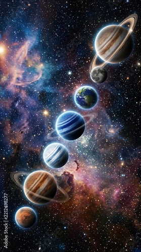 Solar system planets aligned in deep space with colorful nebula