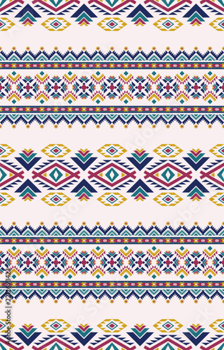 Seamless Ethnic Inspired Geometric Eye Diamond and Zigzag Striped Border Pattern in Blush and Navy