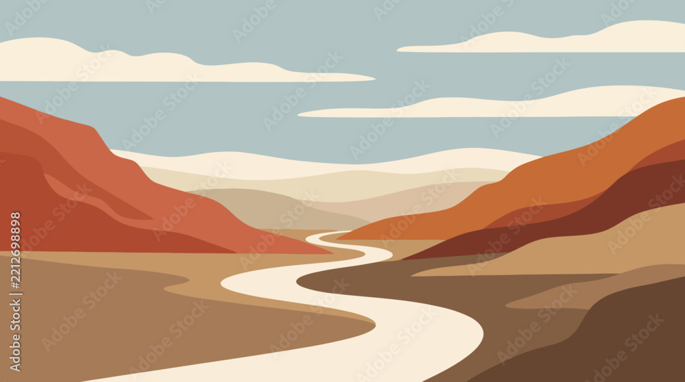 Naklejka premium Desert Valley Landscape Background with Winding Road and Mountains