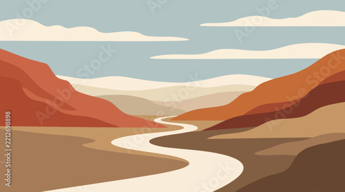 Desert Valley Landscape Background with Winding Road and Mountains