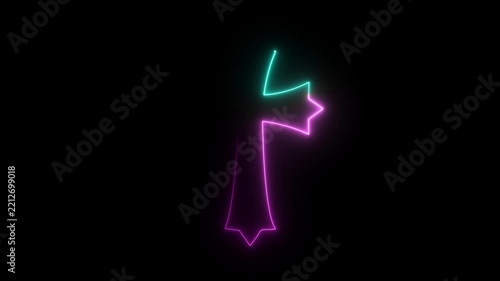 Neon outline of a maple leaf shape in magenta and cyan on a black background