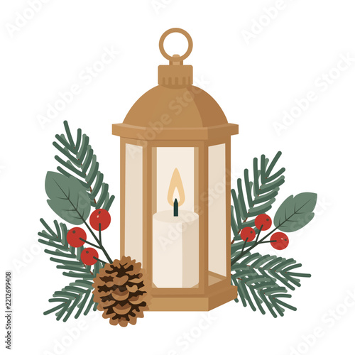 Vector Christmas Lantern with Candle, Evergreen Branches and Pinecone