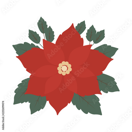 Flat vector illustration of a red poinsettia with a golden center and green l...