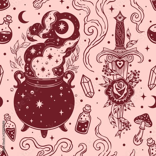 Witchcraft Witch Cauldron and Dagger Seamless Pattern