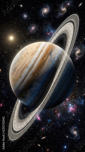 Saturn with rings in deep space cosmic background for astronomy and