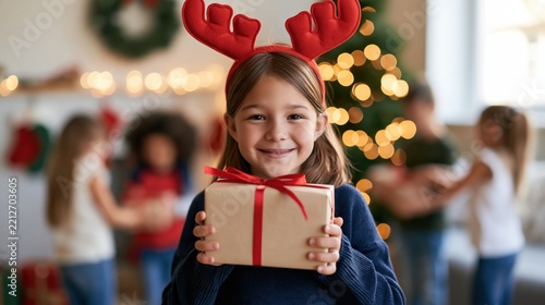 Little girl wearing reindeer antlers holding a christmas gift